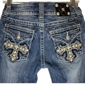 Miss Me Cross Leather Studded Blng Back Pocket Distresssed Boot Cut Jeans 28